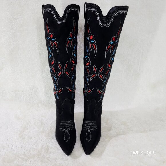Size 10 Black Faux Suede Western Cowgirl Knee Boots Colorful Embroidered Design - Picture 7 of 10